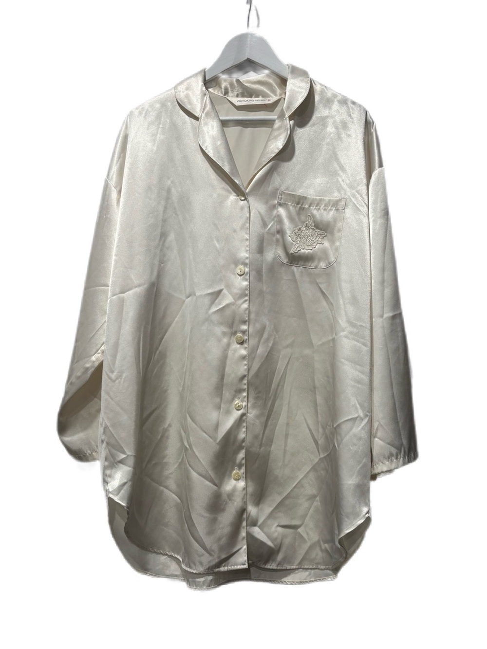 Vintage Y2K Victoria's Secret Ivory Satin Sleep Shirt Pink Heart Tag L